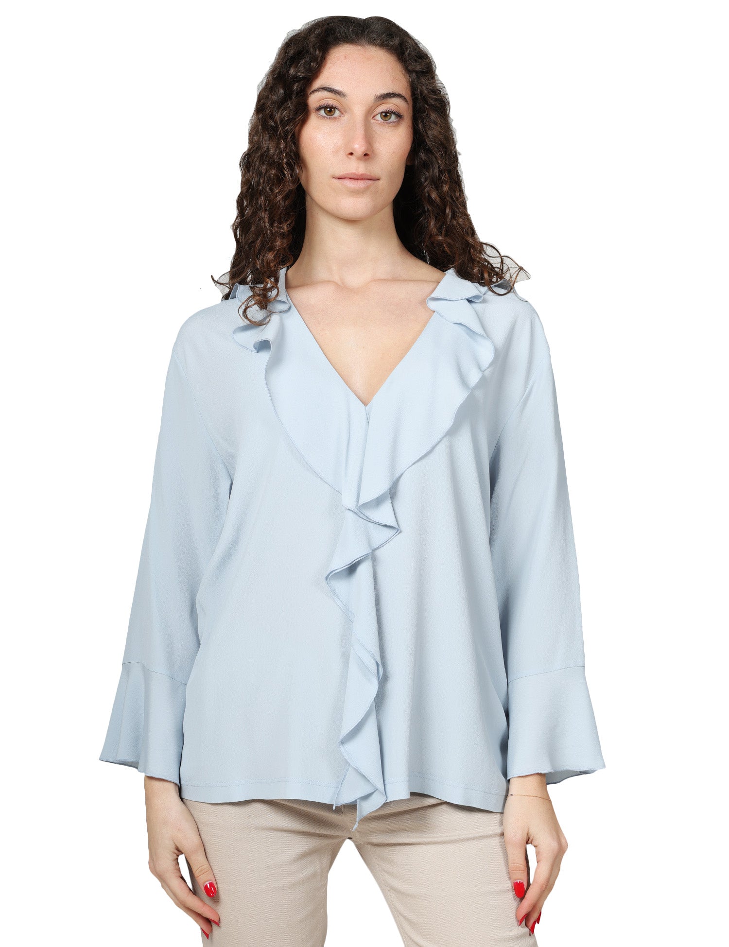BLUSA DONNA SEVENTY CELESTE IN JERSEY E CREPE MISTO SETA CON ROUGE DAVANTI E SCOLLO A V
