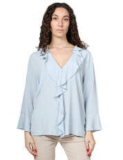 BLUSA DONNA SEVENTY CELESTE IN JERSEY E CREPE MISTO SETA CON ROUGE DAVANTI E SCOLLO A V