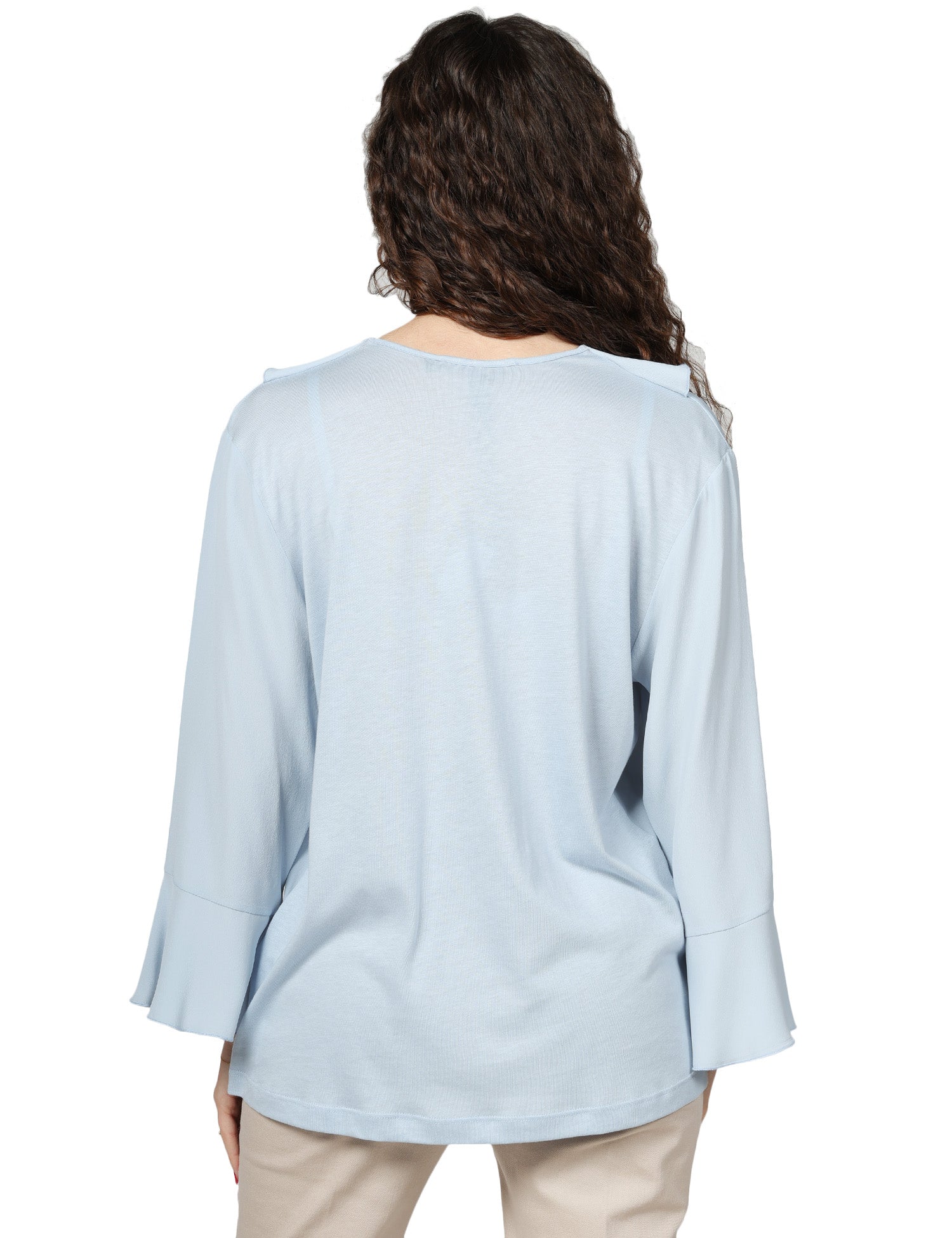 BLUSA DONNA SEVENTY CELESTE IN JERSEY E CREPE MISTO SETA CON ROUGE DAVANTI E SCOLLO A V