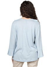 BLUSA DONNA SEVENTY CELESTE IN JERSEY E CREPE MISTO SETA CON ROUGE DAVANTI E SCOLLO A V