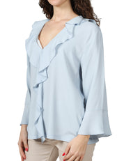 BLUSA DONNA SEVENTY CELESTE IN JERSEY E CREPE MISTO SETA CON ROUGE DAVANTI E SCOLLO A V