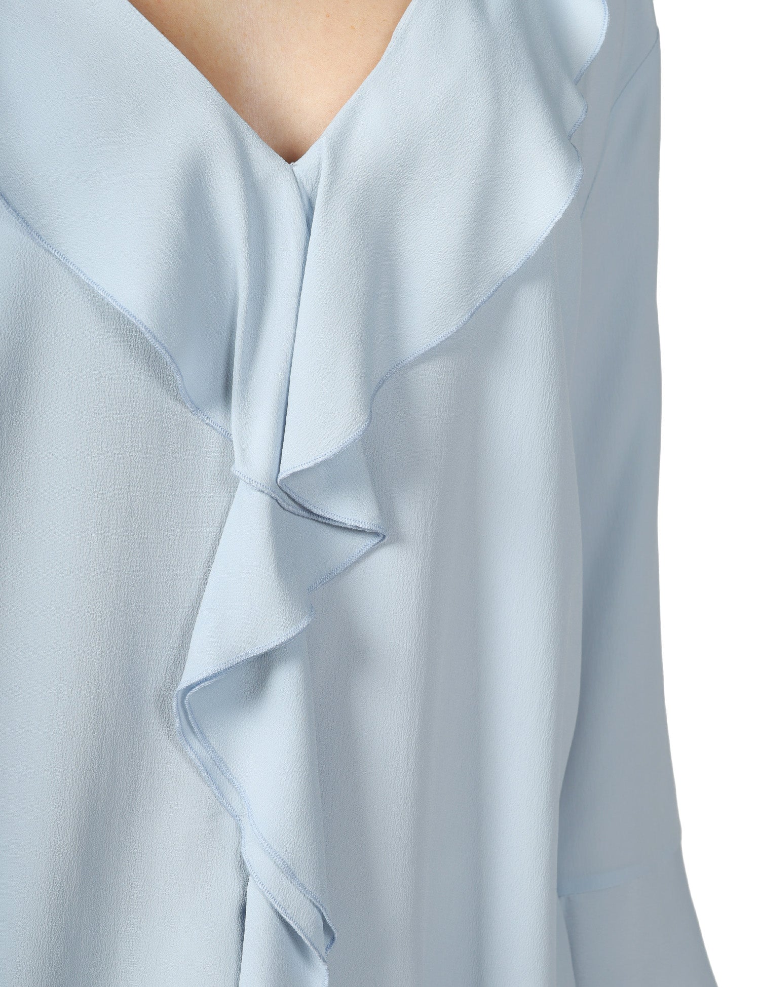 BLUSA DONNA SEVENTY CELESTE IN JERSEY E CREPE MISTO SETA CON ROUGE DAVANTI E SCOLLO A V