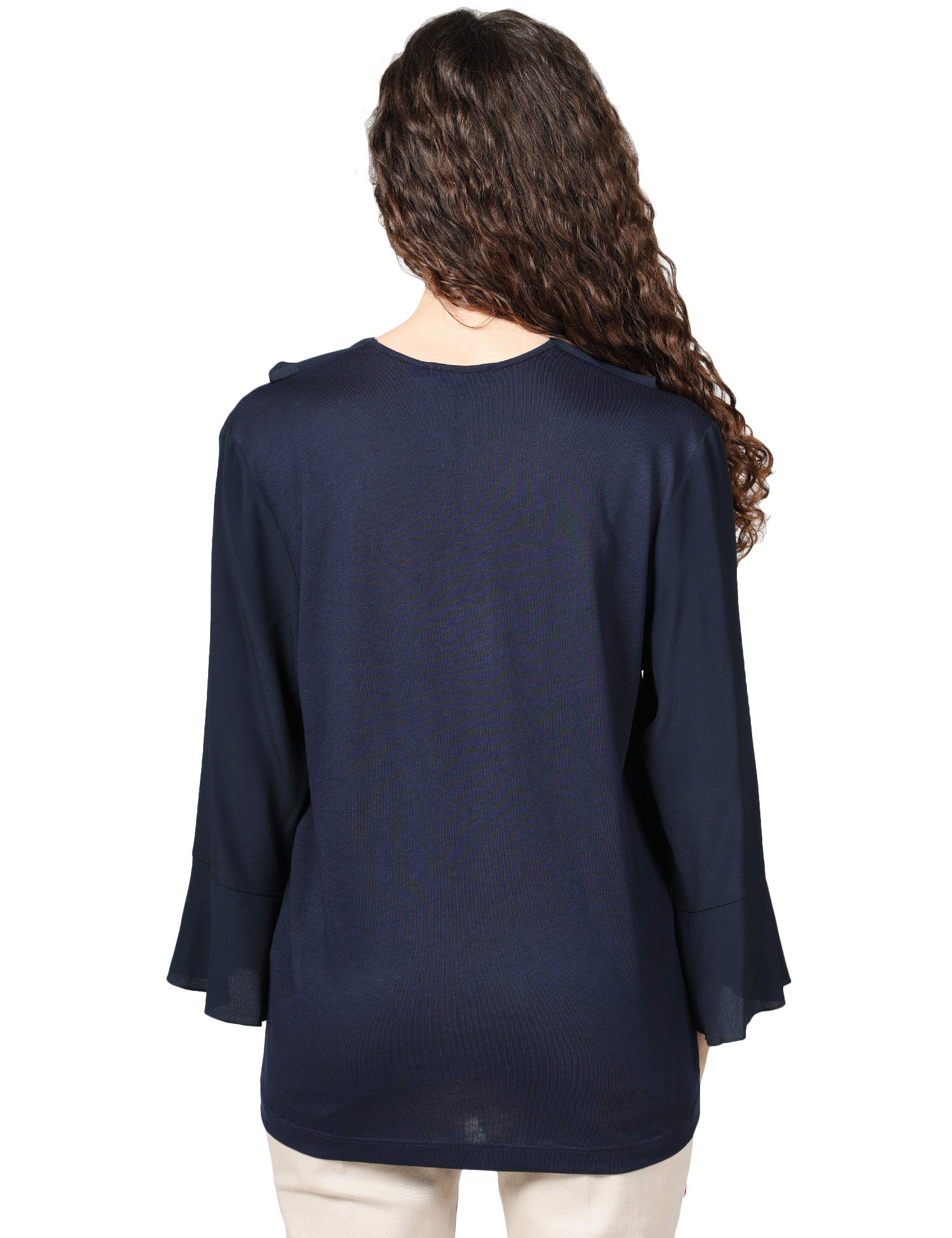 BLUSA DONNA SEVENTY BLU IN JERSEY E CREPE MISTO SETA CON ROUGE DAVANTI E SCOLLO A V