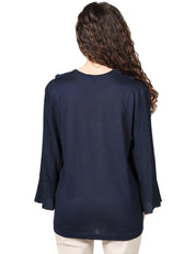 BLUSA DONNA SEVENTY BLU IN JERSEY E CREPE MISTO SETA CON ROUGE DAVANTI E SCOLLO A V