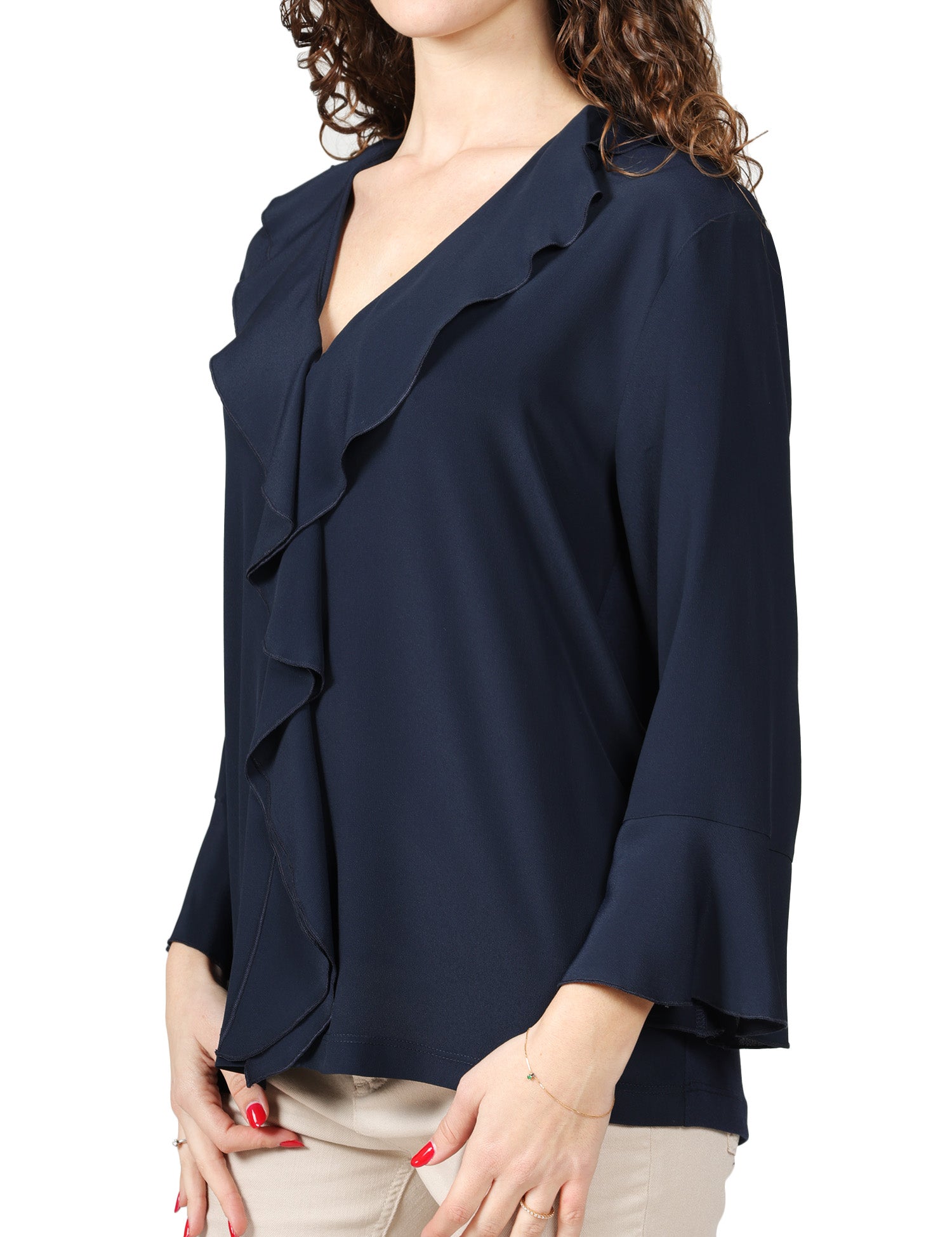BLUSA DONNA SEVENTY BLU IN JERSEY E CREPE MISTO SETA CON ROUGE DAVANTI E SCOLLO A V