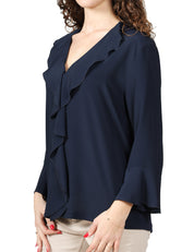 BLUSA DONNA SEVENTY BLU IN JERSEY E CREPE MISTO SETA CON ROUGE DAVANTI E SCOLLO A V