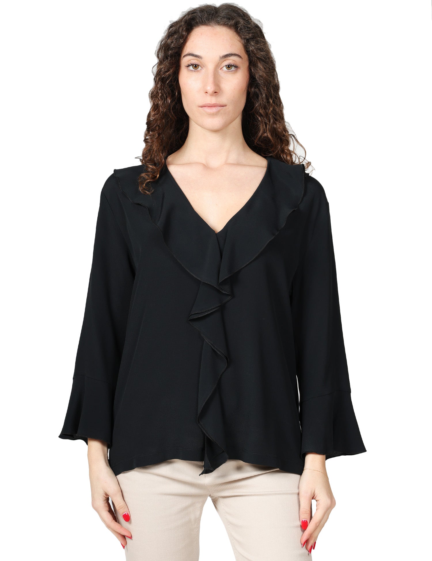 BLUSA DONNA SEVENTY NERA IN JERSEY E CRèPE MISTO SETA CON ROUCHE DAVANTI E SCOLLO A V