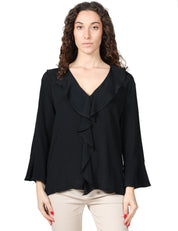 BLUSA DONNA SEVENTY NERA IN JERSEY E CRèPE MISTO SETA CON ROUCHE DAVANTI E SCOLLO A V