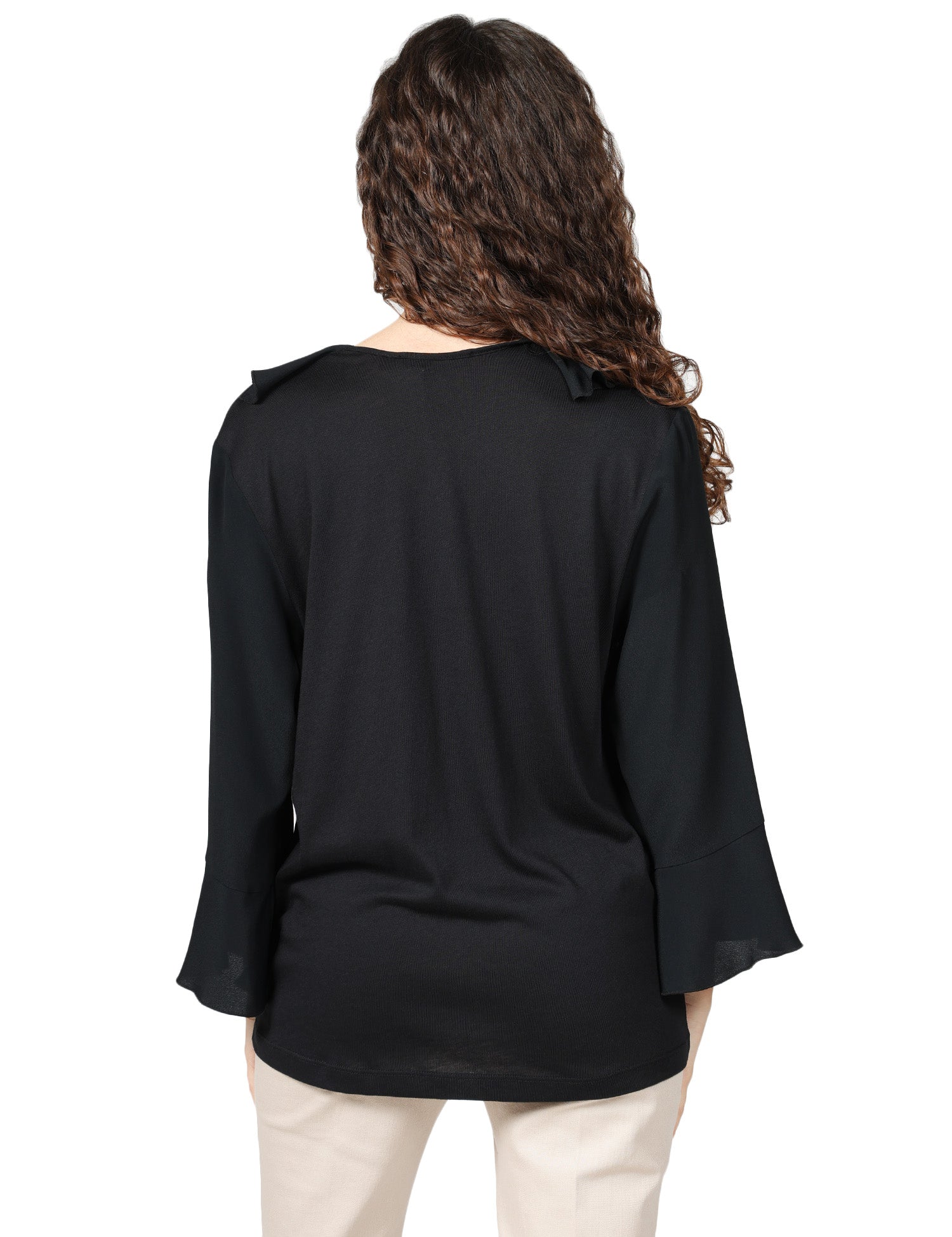 BLUSA DONNA SEVENTY NERA IN JERSEY E CRèPE MISTO SETA CON ROUCHE DAVANTI E SCOLLO A V