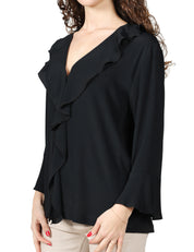BLUSA DONNA SEVENTY NERA IN JERSEY E CRèPE MISTO SETA CON ROUCHE DAVANTI E SCOLLO A V