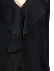BLUSA DONNA SEVENTY NERA IN JERSEY E CRèPE MISTO SETA CON ROUCHE DAVANTI E SCOLLO A V
