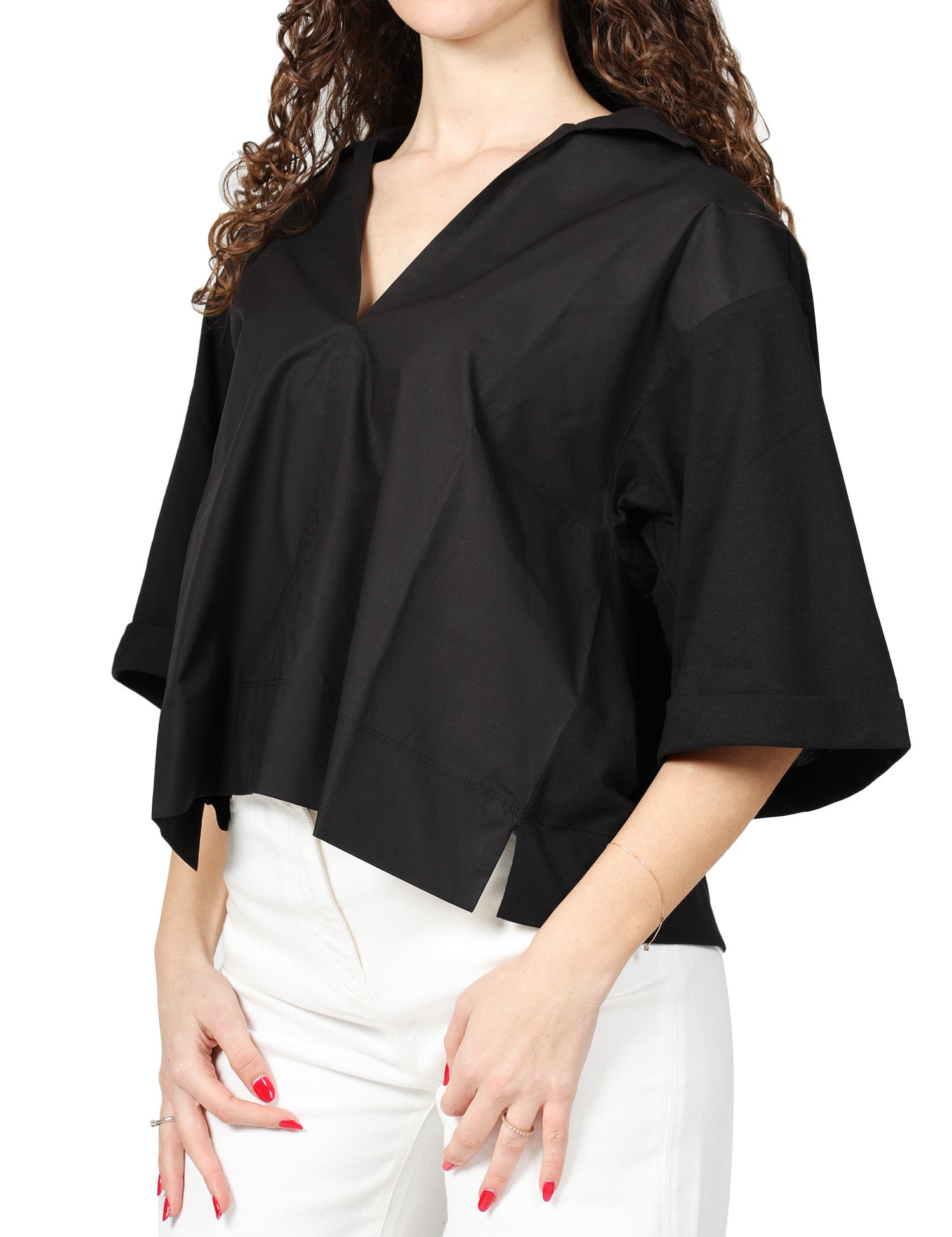 CAMICIA DONNA SEVENTY NERA CROP IN JERSEY DI COTONE E POPELINE MEZZA MANICA CON SCOLLO A V
