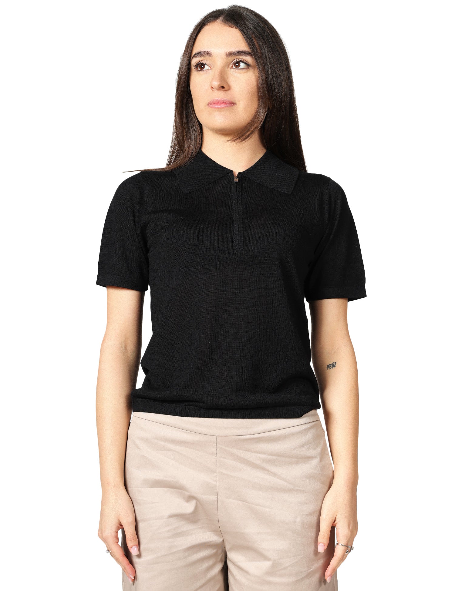 POLO DONNA SEVENTY NERA A MEZZA MANICA IN MISTO SETA E VISCOSA CON ZIP SULLO SCOLLO