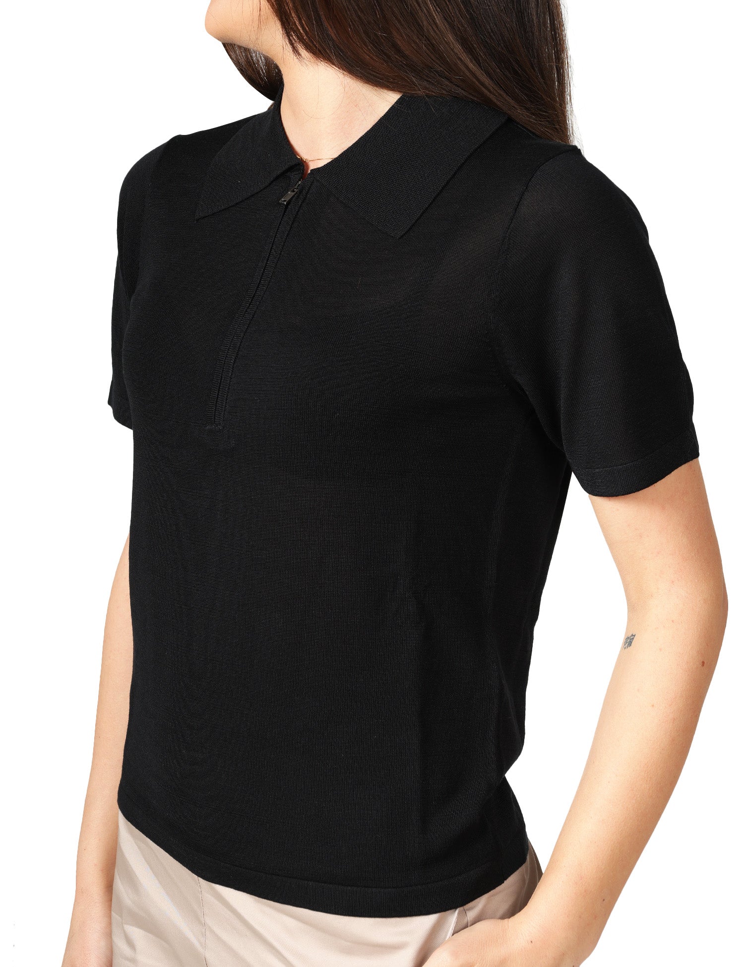 POLO DONNA SEVENTY NERA A MEZZA MANICA IN MISTO SETA E VISCOSA CON ZIP SULLO SCOLLO