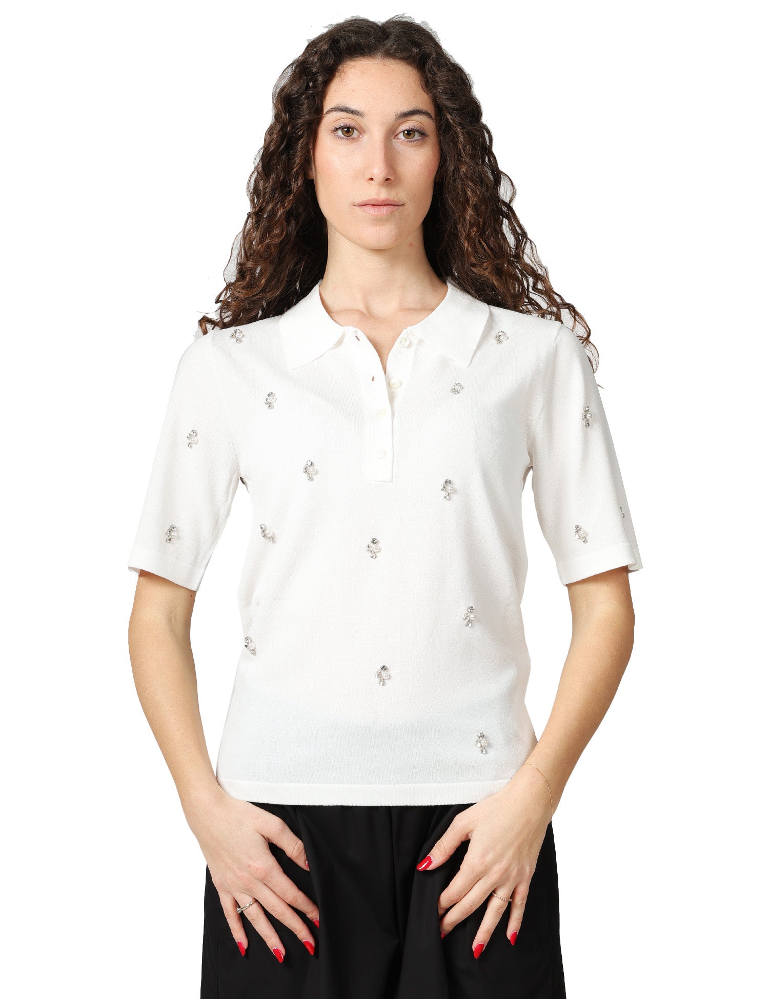 POLO DONNA SEVENTY BIANCA IN VISCOSA CON APPLICAZIONI DI PERLE E STRASS
