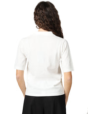 POLO DONNA SEVENTY BIANCA IN VISCOSA CON APPLICAZIONI DI PERLE E STRASS