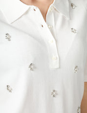 POLO DONNA SEVENTY BIANCA IN VISCOSA CON APPLICAZIONI DI PERLE E STRASS