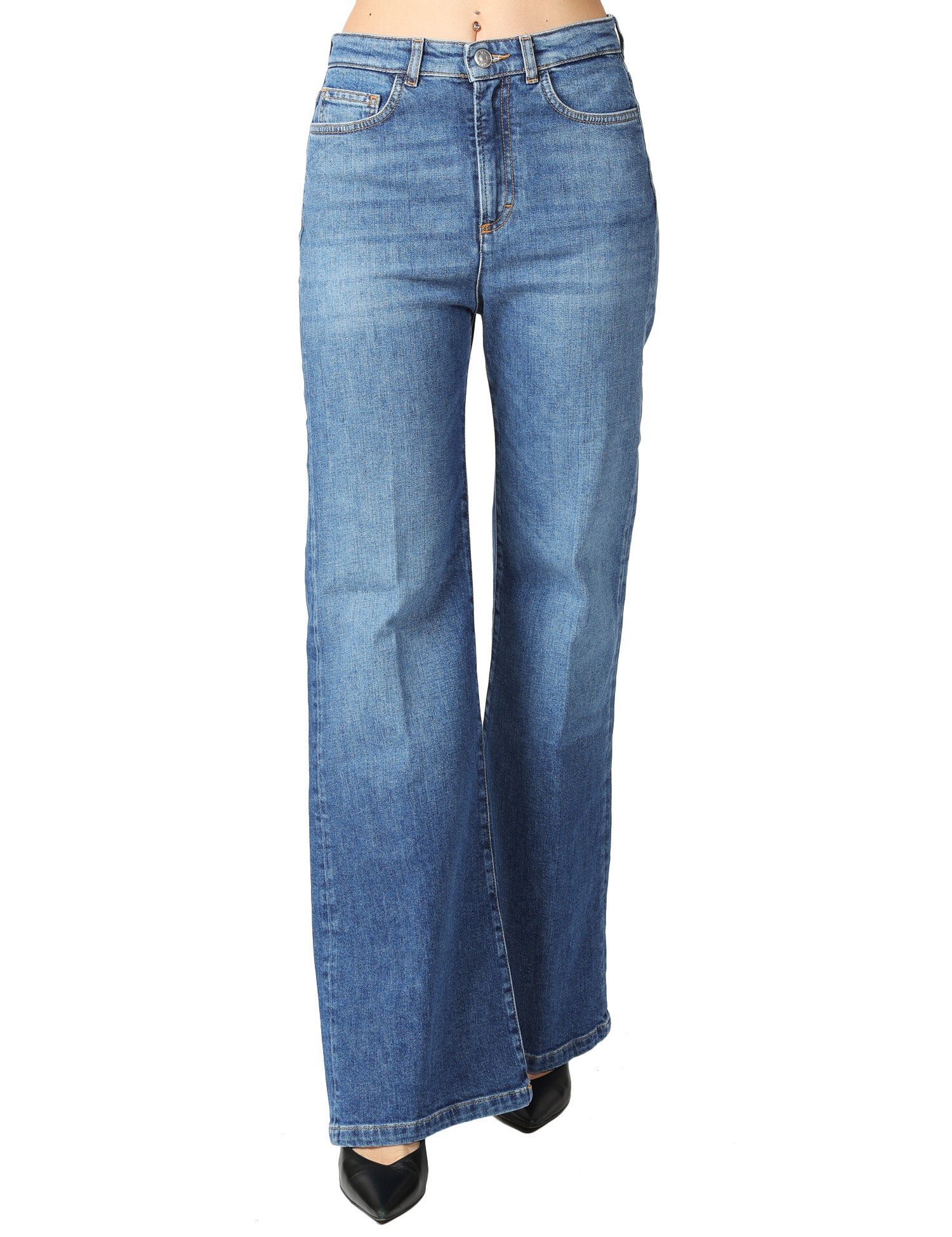 JEANS DONNA SEVENTY DENIM BLUE STRETCH A VITA ALTA CON GAMBA DRITTA E AMPIA