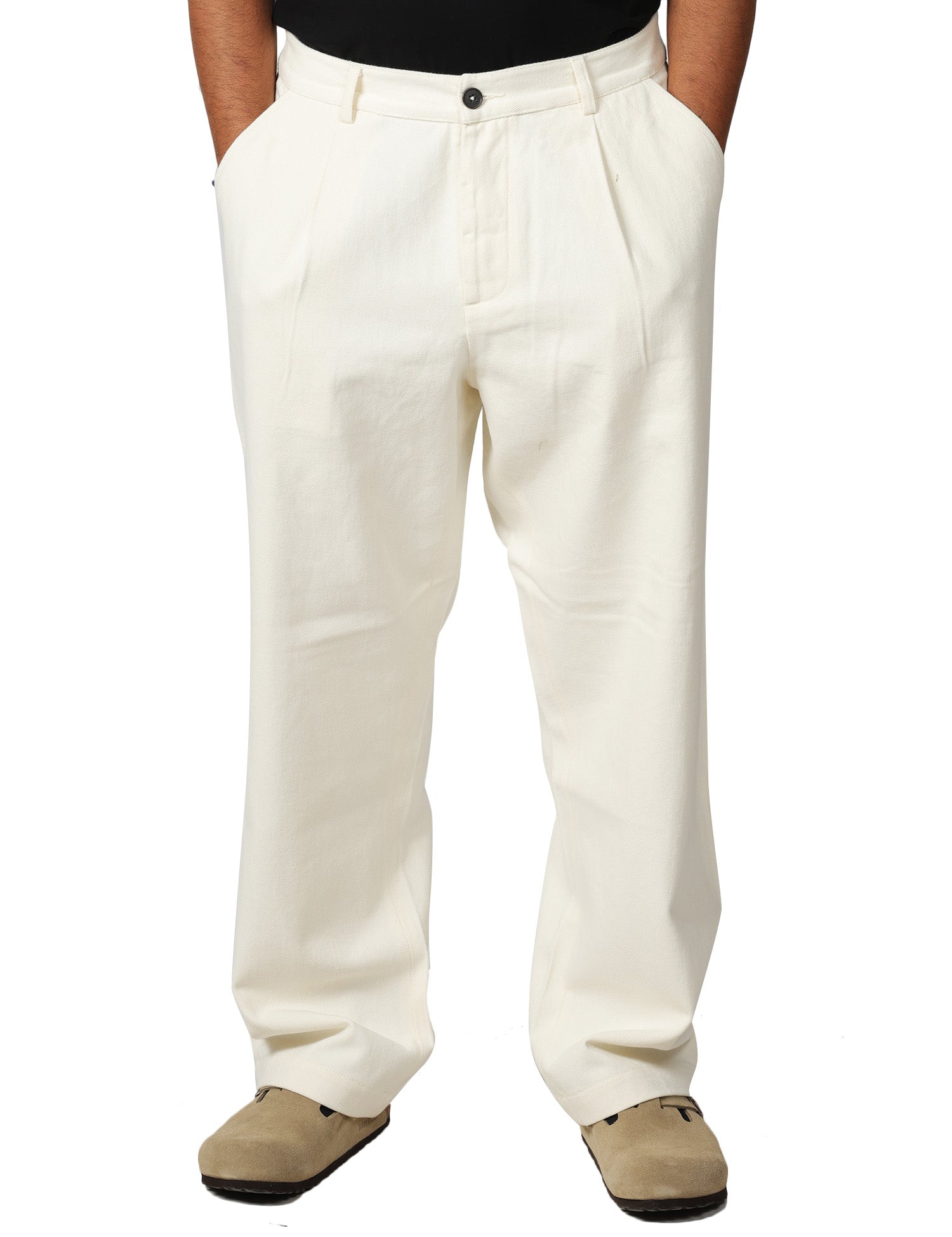 PANTALONE UOMO UNIVERSAL WORKS DUKE PANT ECRU A GAMBA LARGA 100% COTONE
