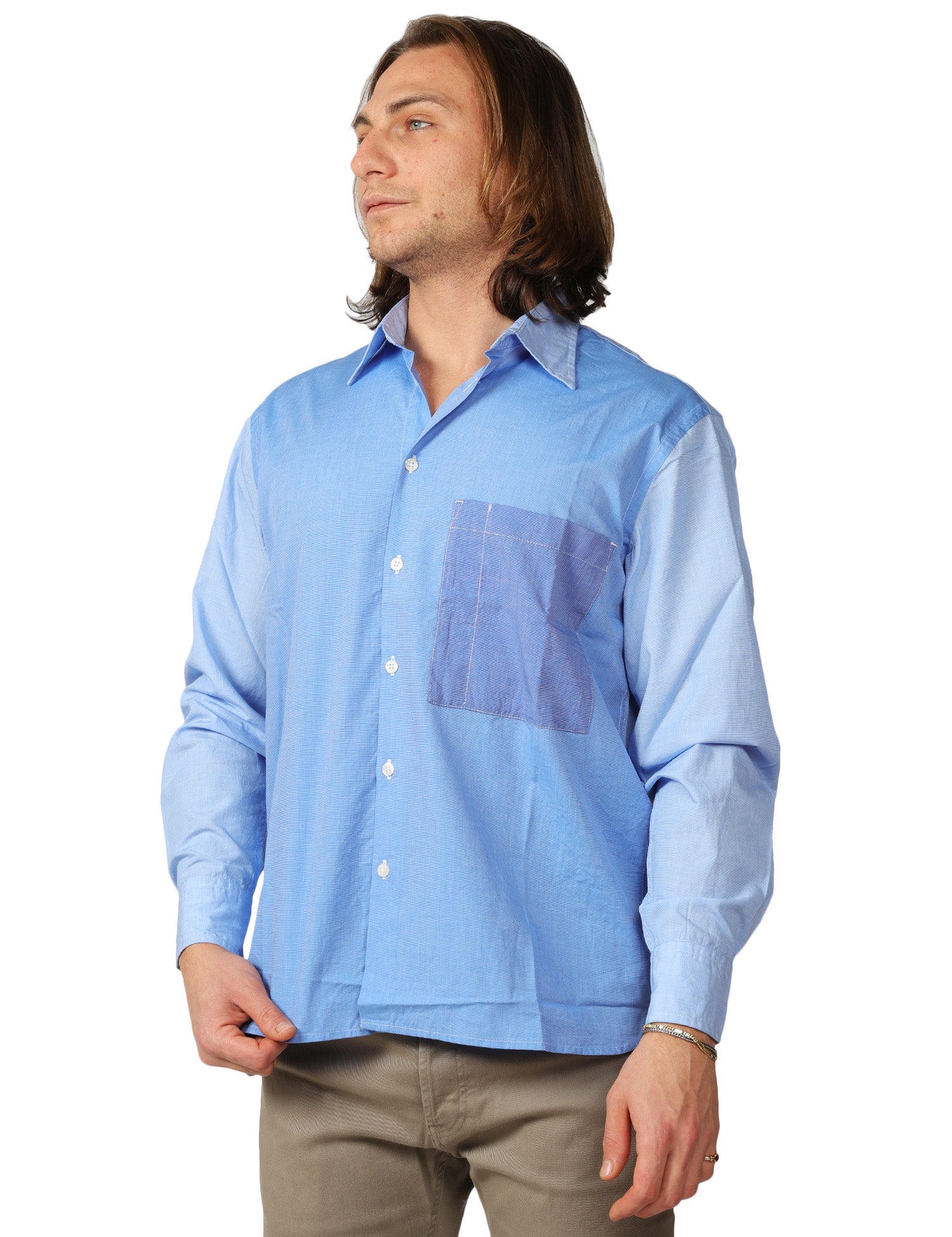 CAMICIA UOMO UNIVERSAL WORKS MIXED SQUARE SKY BLU OVERSIZE CON TASCHINO 100% COTONE