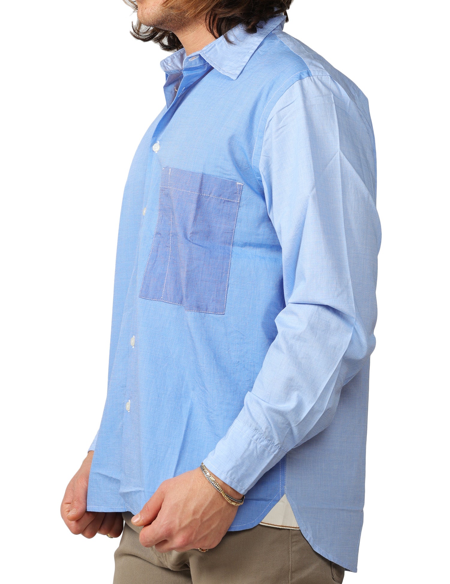 CAMICIA UOMO UNIVERSAL WORKS MIXED SQUARE SKY BLU OVERSIZE CON TASCHINO 100% COTONE