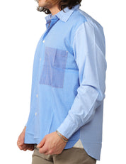 CAMICIA UOMO UNIVERSAL WORKS MIXED SQUARE SKY BLU OVERSIZE CON TASCHINO 100% COTONE