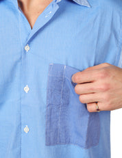 CAMICIA UOMO UNIVERSAL WORKS MIXED SQUARE SKY BLU OVERSIZE CON TASCHINO 100% COTONE