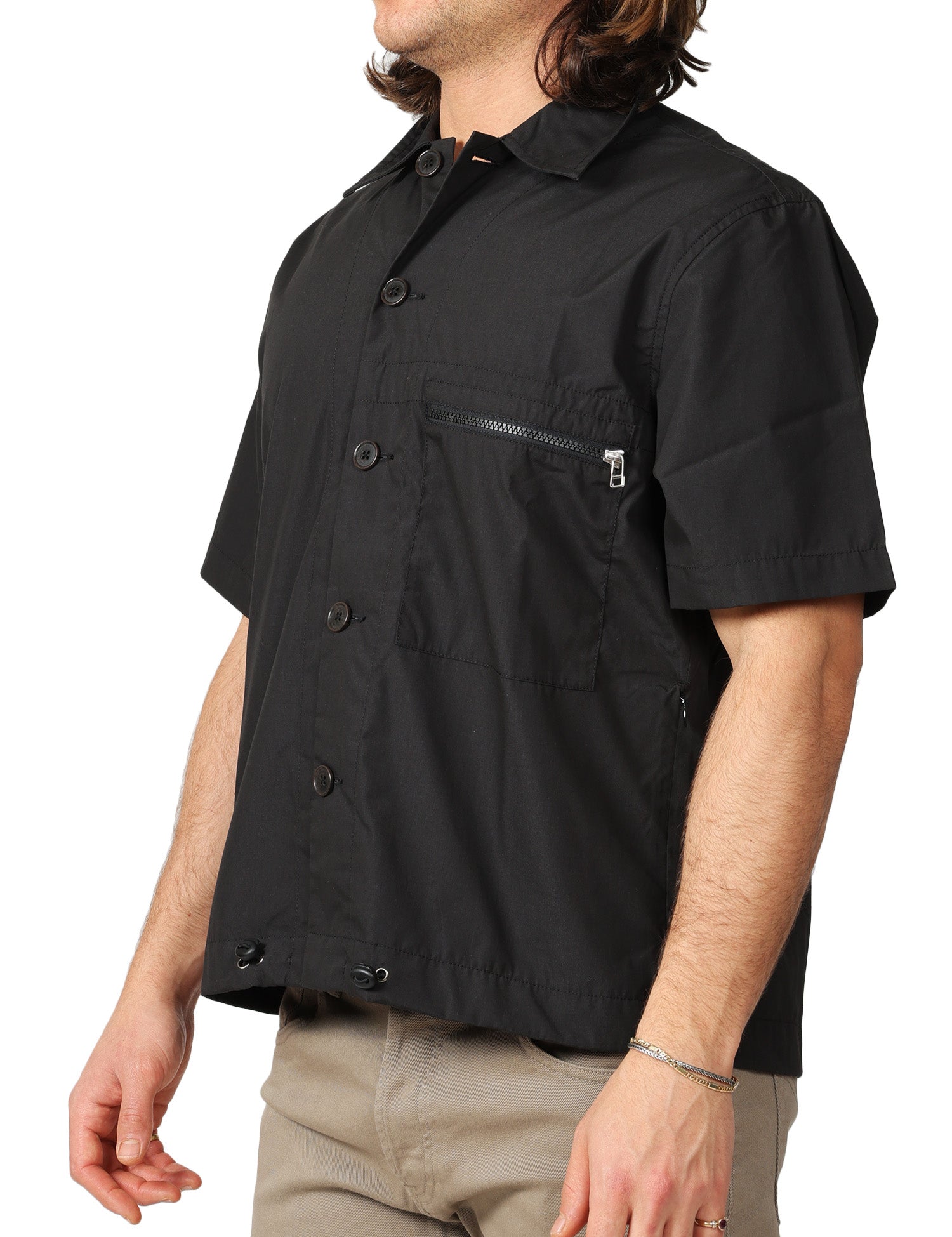 OVER SHIRT UOMO UNIVERSAL WORKS Z TECH NERA A MEZZE MANICHE CON BOTTONI E COULISSE