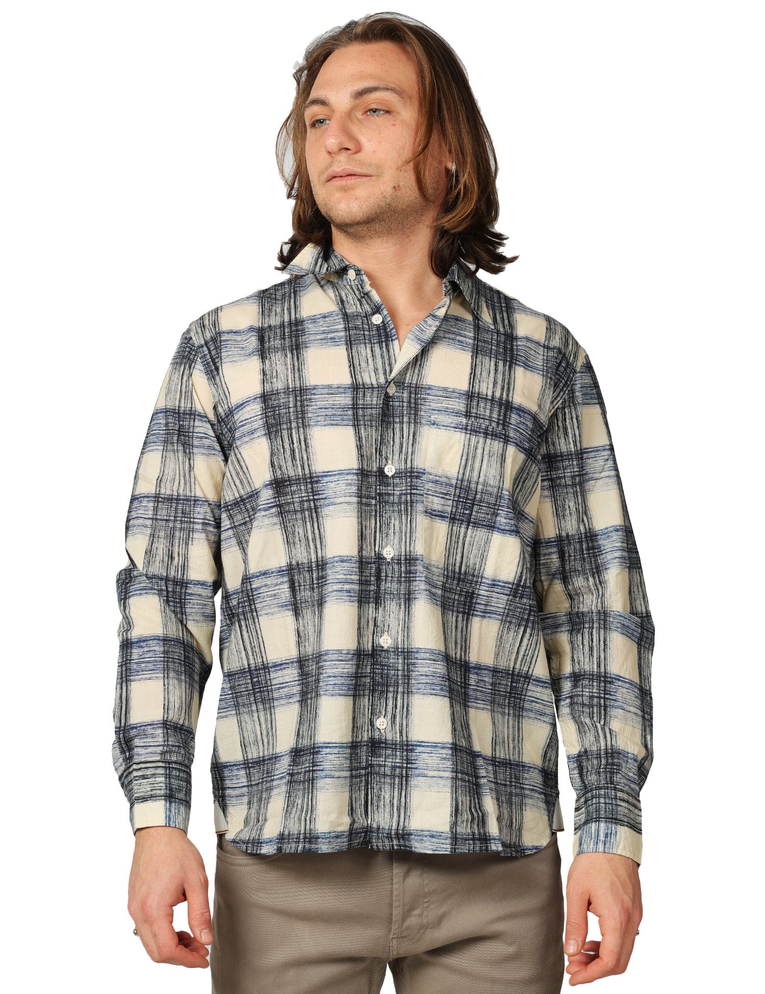 CAMICIA UOMO UNIVERSAL WORKS SQUARE POCKET SHIRT BLU STAMPA QUADRI