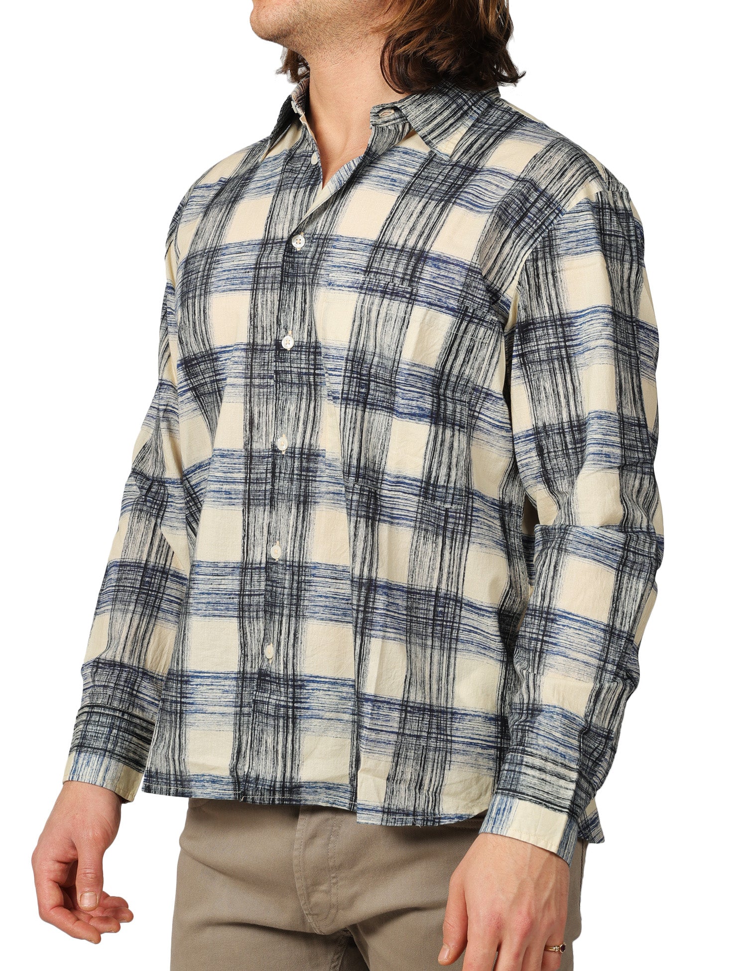 CAMICIA UOMO UNIVERSAL WORKS SQUARE POCKET SHIRT BLU STAMPA QUADRI