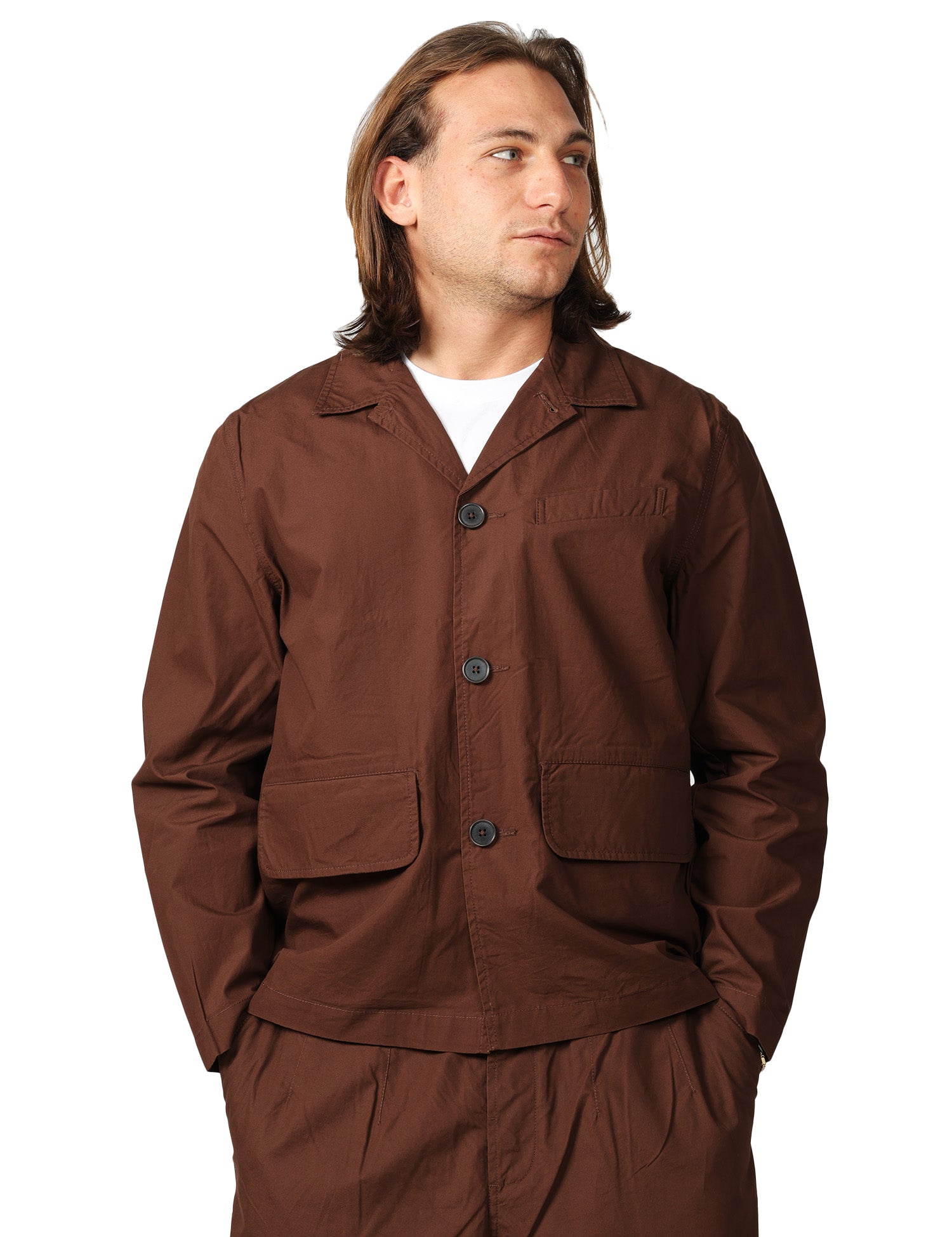 GIACCA UOMO UNIVERSAL WORKS FRANCK BROWN IN COTONE CON TASCHE