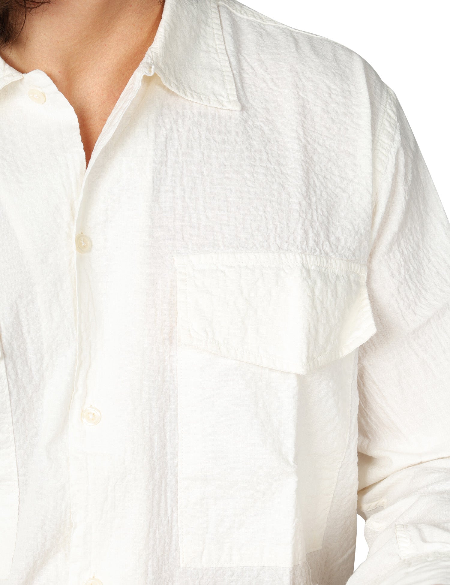 CAMICIA UOMO UNIVERSAL WORKS ECRU ARTEN SEERSUCKER CON TASCHE