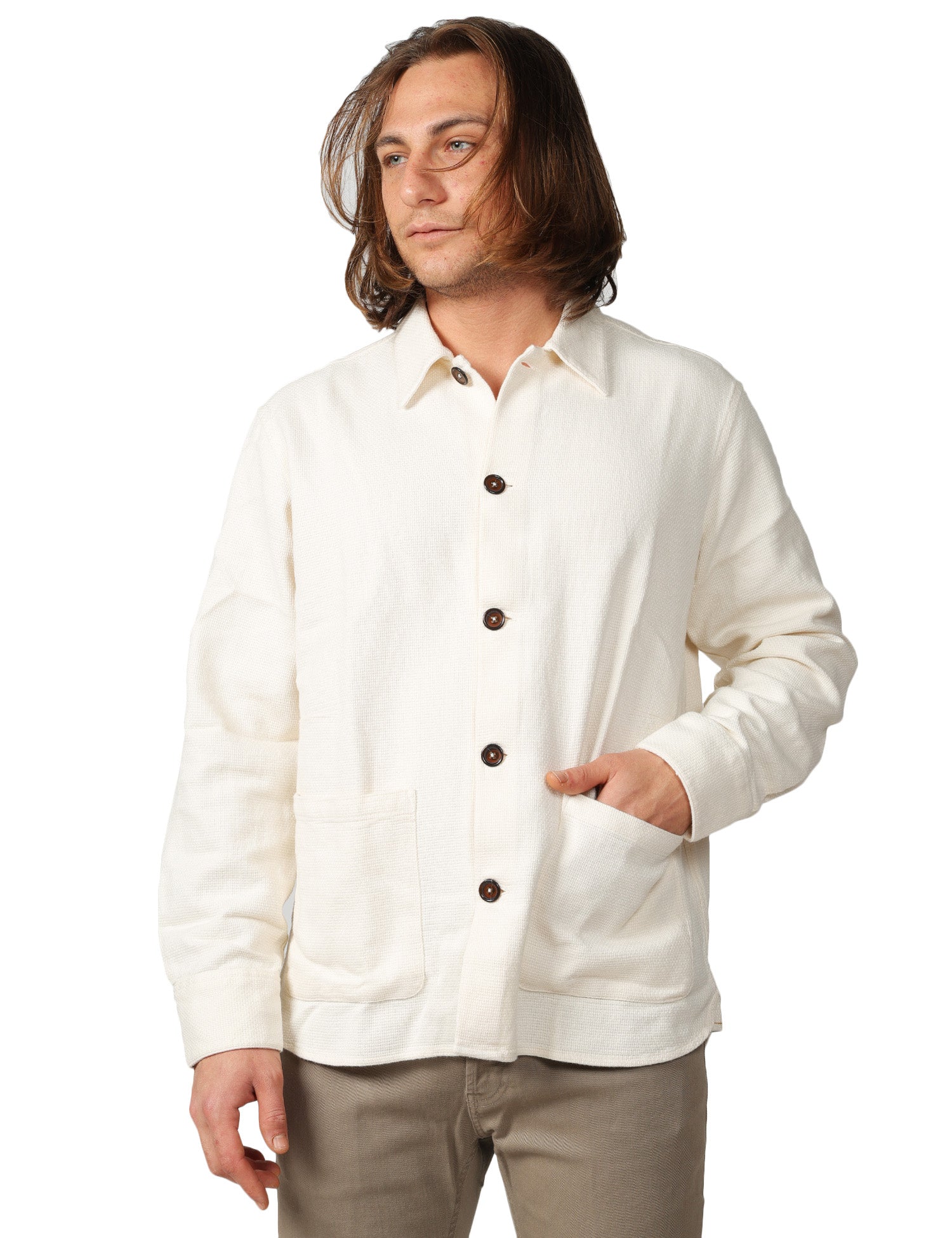 OVER SHIRT UOMO UNIVERSAL WORKS TRAVAIL ECRù IN COTONE KENDA CON ORLO CURVO