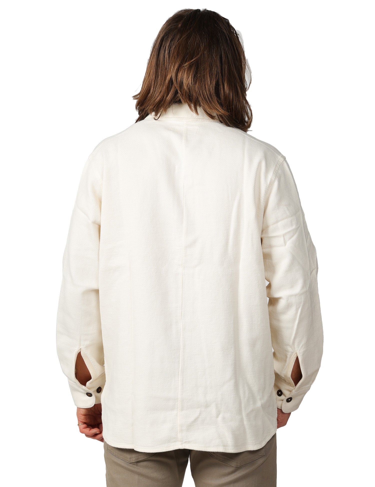 OVER SHIRT UOMO UNIVERSAL WORKS TRAVAIL ECRù IN COTONE KENDA CON ORLO CURVO