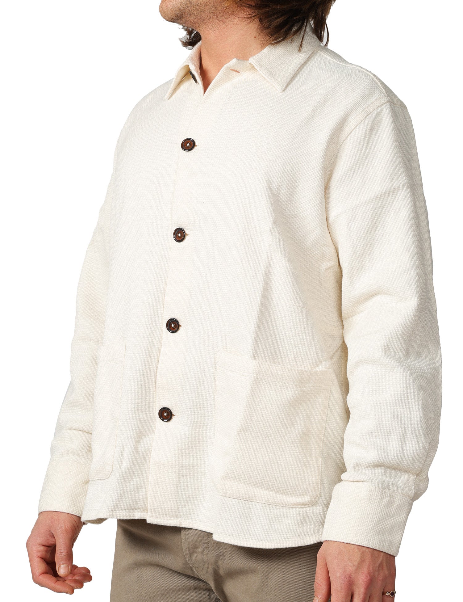 OVER SHIRT UOMO UNIVERSAL WORKS TRAVAIL ECRù IN COTONE KENDA CON ORLO CURVO