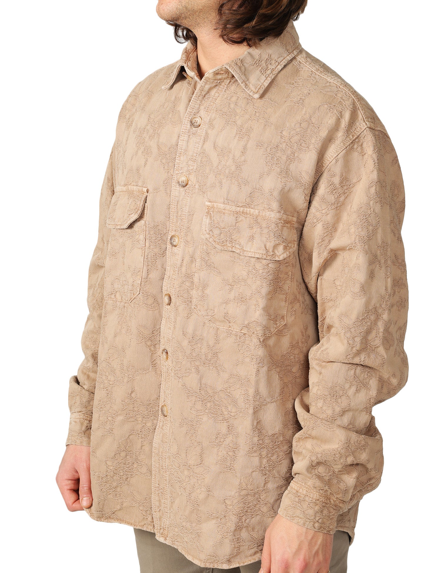 OVER SHIRT UOMO WHITESAND BEIGE CON RICAMO IN TONO ALL OVER