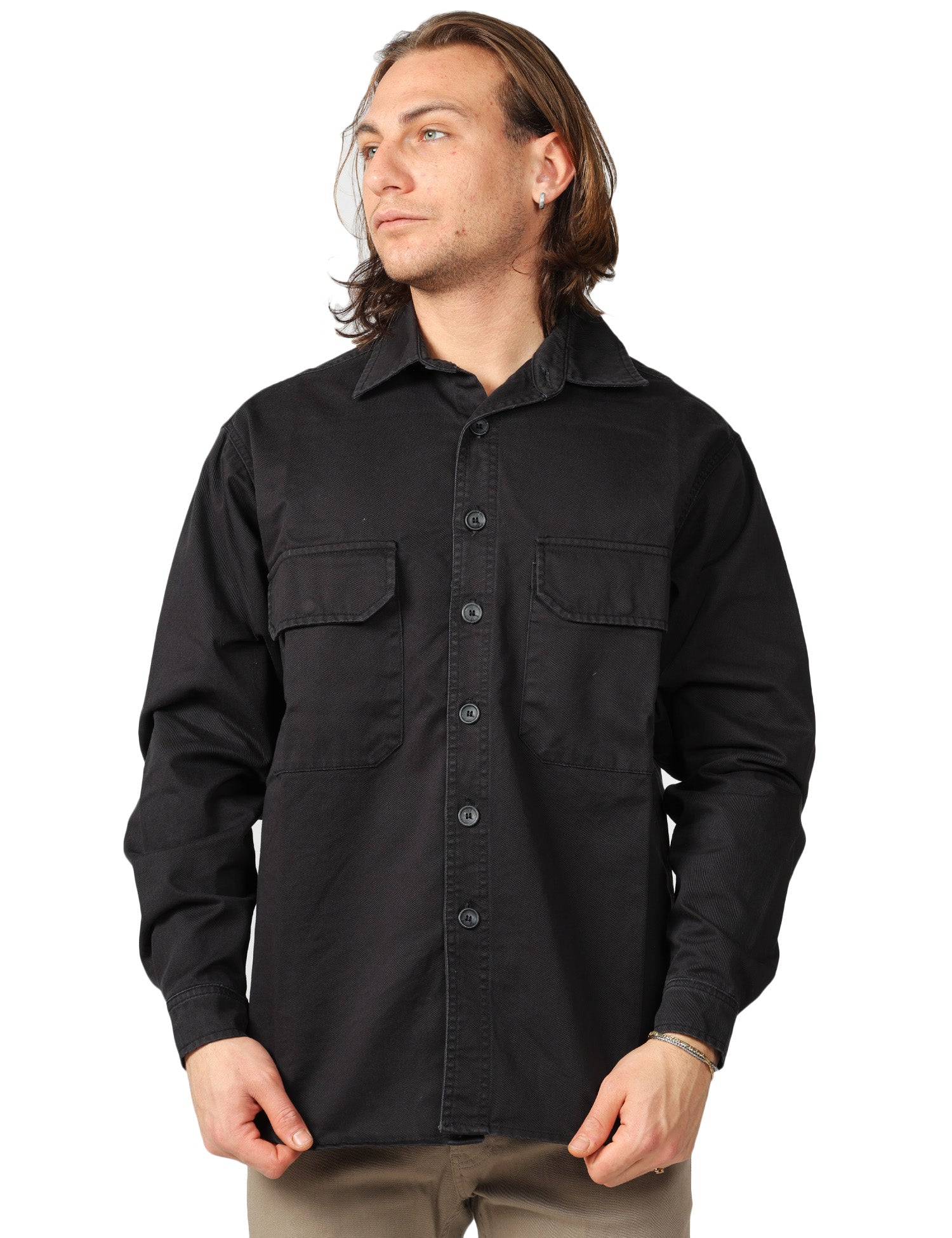 OVER SHIRT UOMO WHITE SAND NERA CON TASCHE DAVANTI