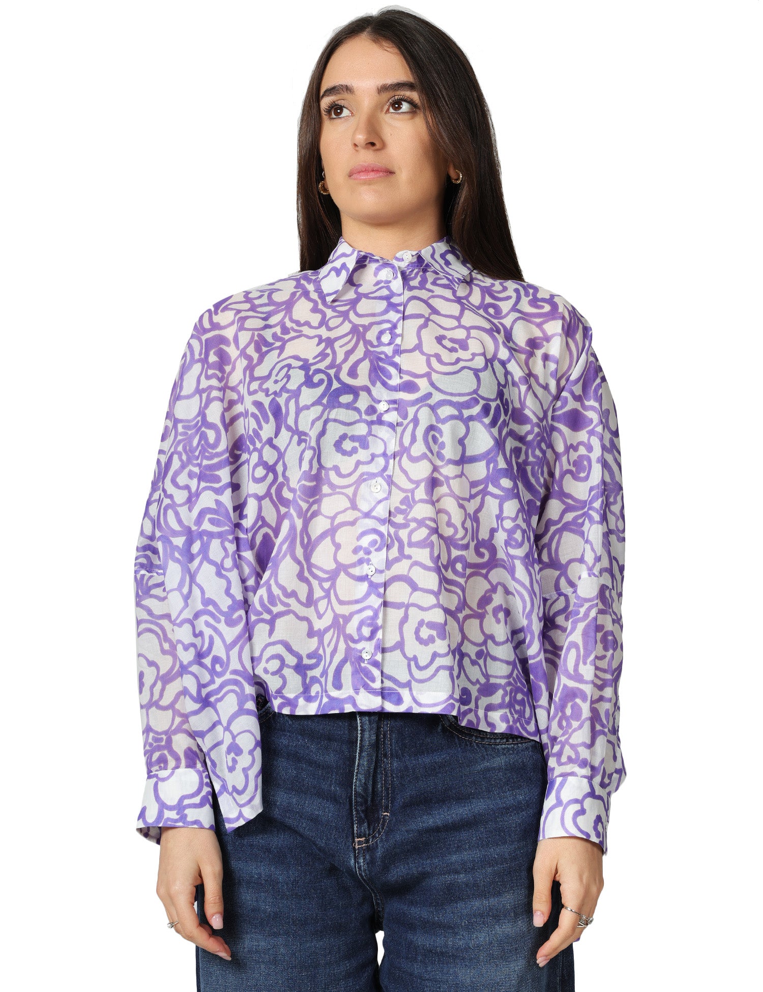 CAMICIA DONNA XACUS BIANCO/VIOLA FANTASIA FLOREALE A MANICA LUNGA