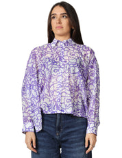 CAMICIA DONNA XACUS BIANCO/VIOLA FANTASIA FLOREALE A MANICA LUNGA