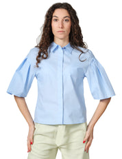 CAMICIA DONNA XACUS ELLERY CELESTE IN COTONE CON MANICHE CORTE A SBUFFO PLISSETTATE