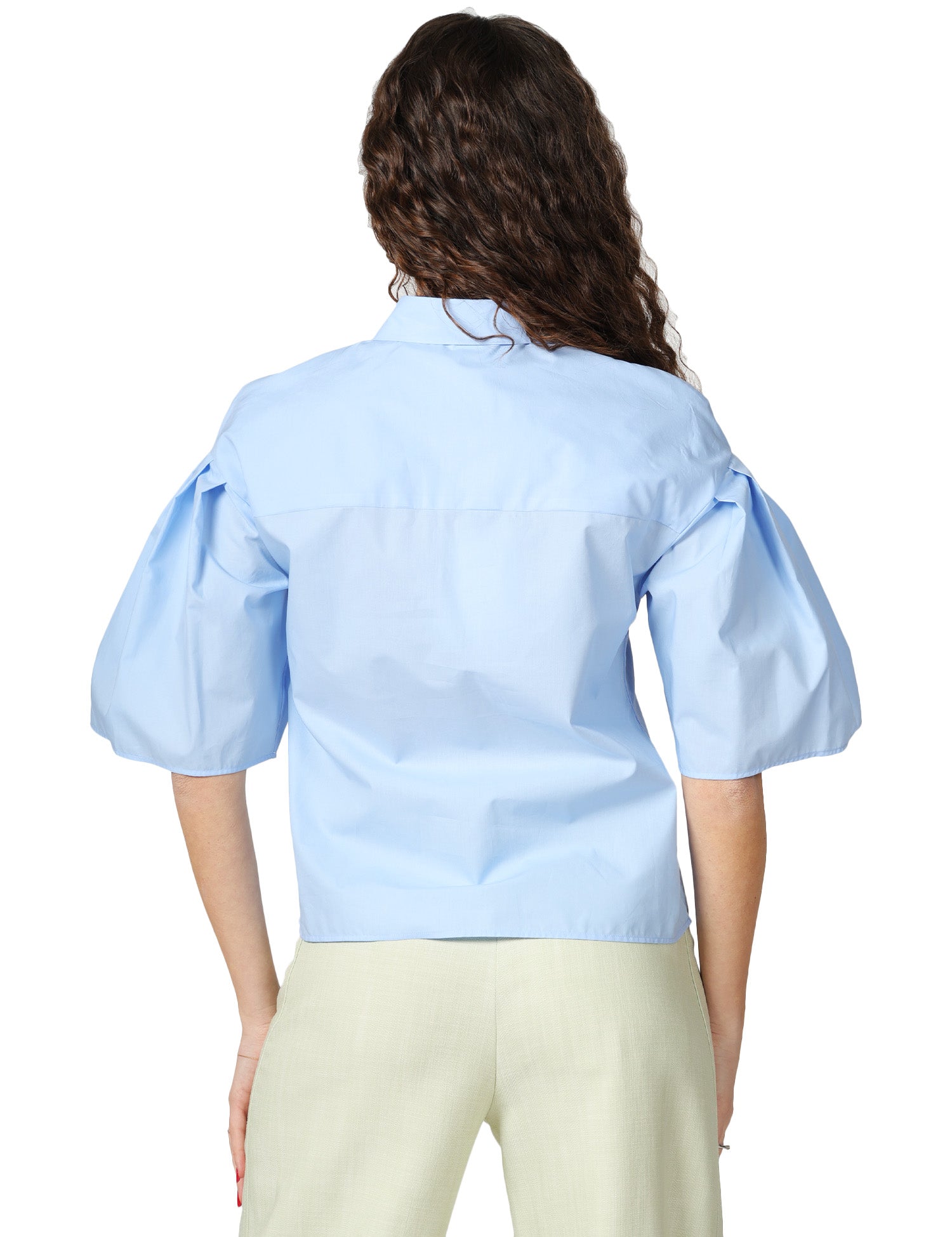 CAMICIA DONNA XACUS ELLERY CELESTE IN COTONE CON MANICHE CORTE A SBUFFO PLISSETTATE