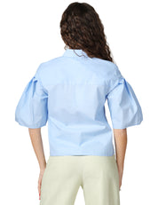 CAMICIA DONNA XACUS ELLERY CELESTE IN COTONE CON MANICHE CORTE A SBUFFO PLISSETTATE