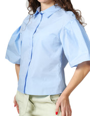 CAMICIA DONNA XACUS ELLERY CELESTE IN COTONE CON MANICHE CORTE A SBUFFO PLISSETTATE
