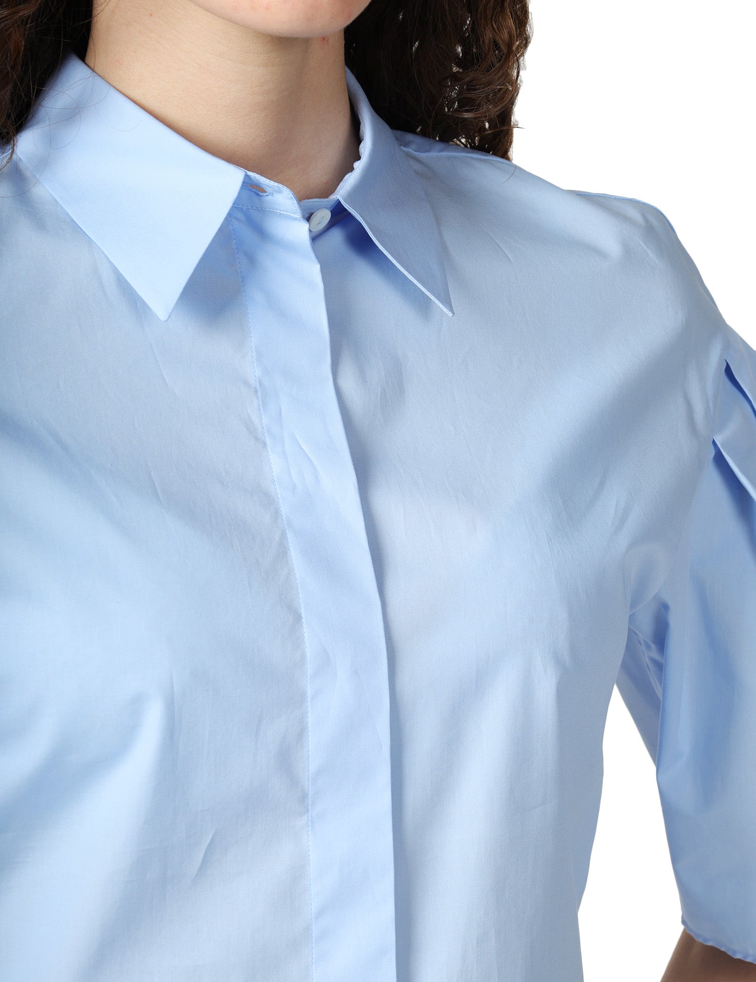 CAMICIA DONNA XACUS ELLERY CELESTE IN COTONE CON MANICHE CORTE A SBUFFO PLISSETTATE