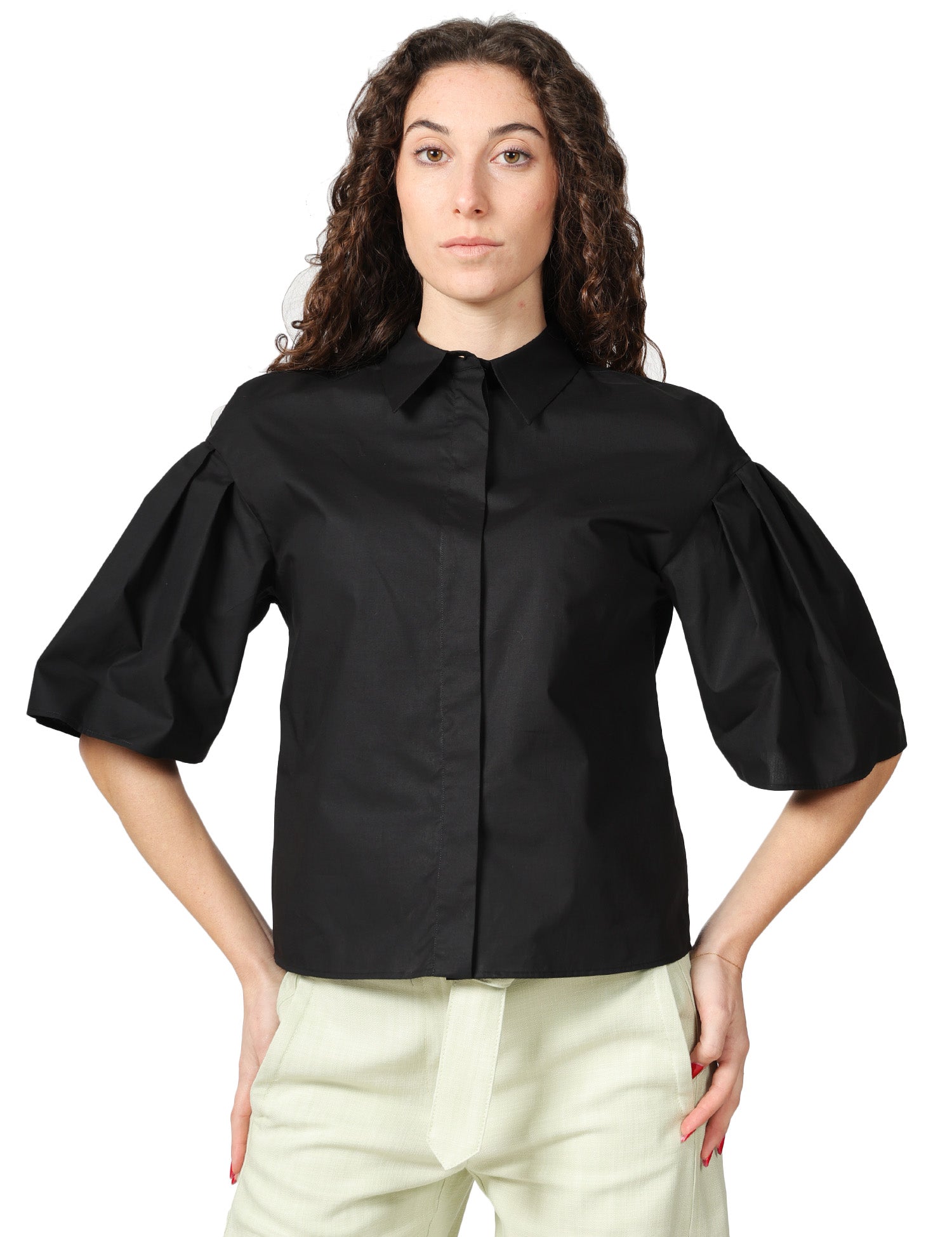 CAMICIA DONNA XACUS ELLERY NERA CON MEZZE MANICHE A SBUFFO PLISSETTATE