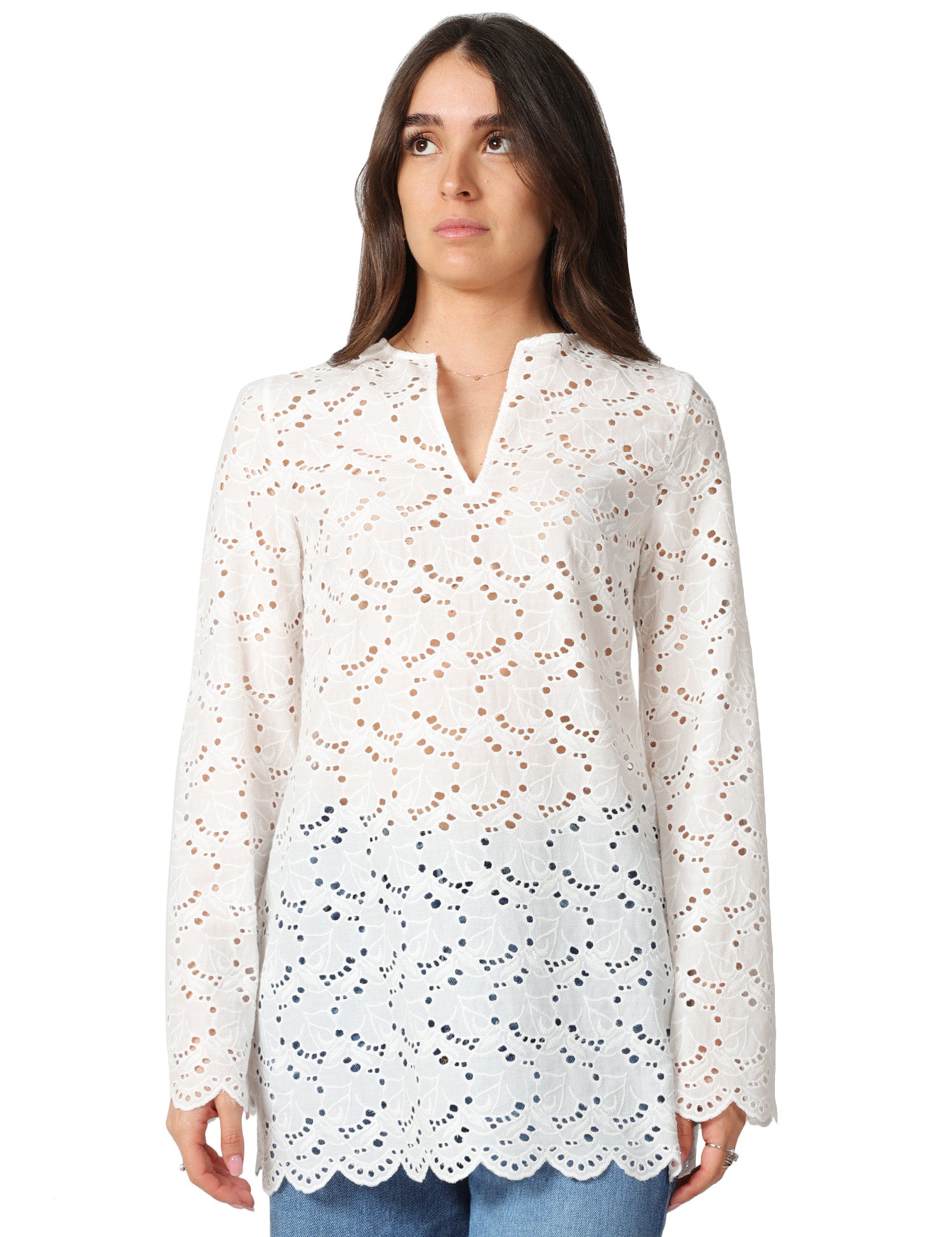 CAMICIA DONNA XACUS LOLA BIANCA IN COTONE SANGALLO CON SCOLLO A V