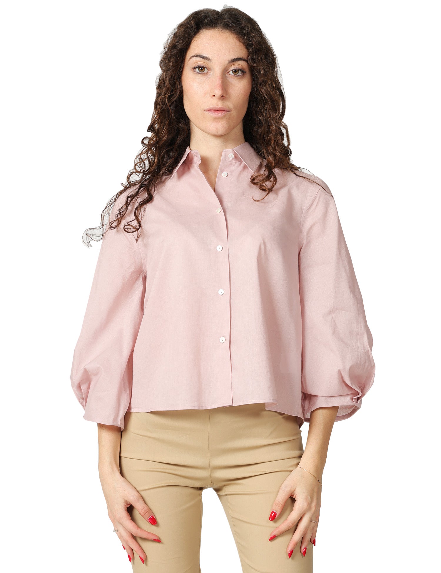 CAMICIA DONNA XACUS MARGOT ROSA IN COTONE TAGLIO CROPPED MANICA 3/4 CON PIEGHE AL FONDO
