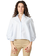 CAMICIA DONNA XACUS MARGOT CELESTE IN COTONE TAGLIO CROPPED MANICA 3/4 CON PIEGHE AL FONDO