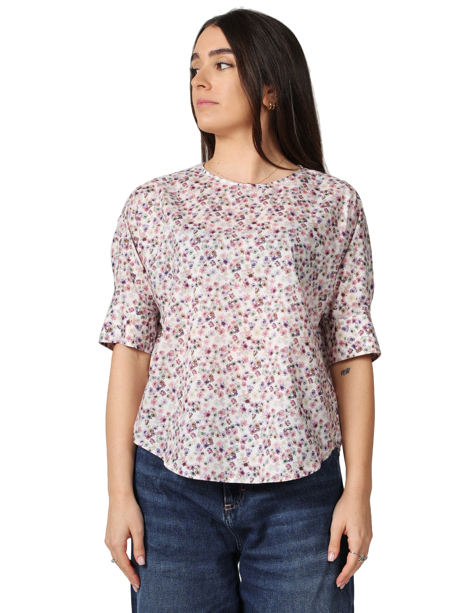 BLUSA DONNA XACUS TEA BIANCA A FANTASIA FLOREALE GIROCOLLO CON MEZZA MANICA