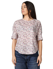 BLUSA DONNA XACUS TEA BIANCA A FANTASIA FLOREALE GIROCOLLO CON MEZZA MANICA